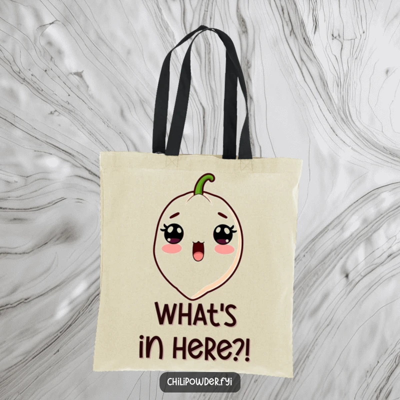 Funny Kawaii Chili Powder Tote Bag - A cute cartoon chili powder character with wide surprised eyes and an open mouth, ideal for a humorous shopper.