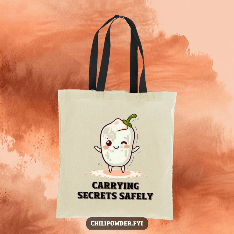 Funny Kawaii Chili Powder Tote Bag - A cute cartoon chili powder character tiptoeing sneakily with a hidden smile, ideal for a playful shopper.