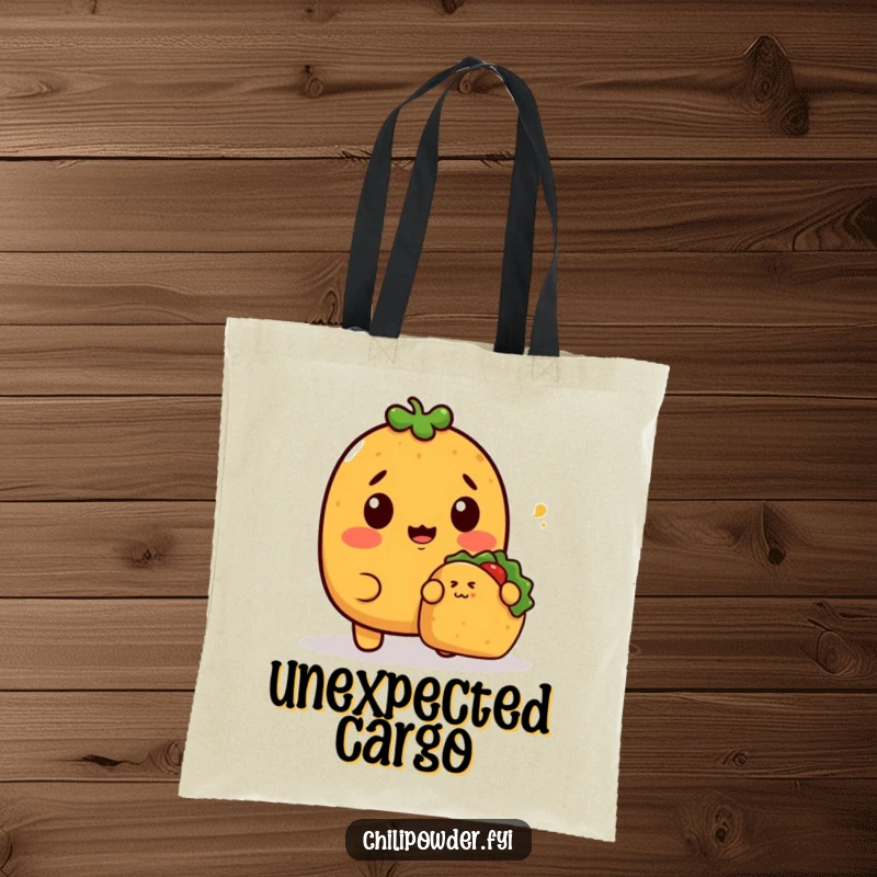 Funny Tote Bag with a surprised kawaii chili powder character reacting to a tiny taco sneaking up, ideal for everyday surprises.
