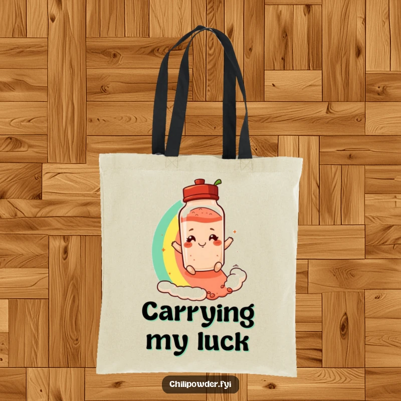 Funny tote bag with a chili powder shaker sporting a playful smirk, sliding down a colorful rainbow, perfect for market trips.
