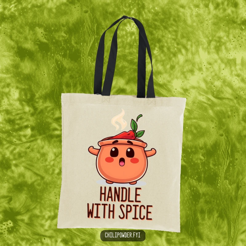 Funny tote bag with a chili powder pot character expressing surprise with steam, great for carrying things with a humorous flair.