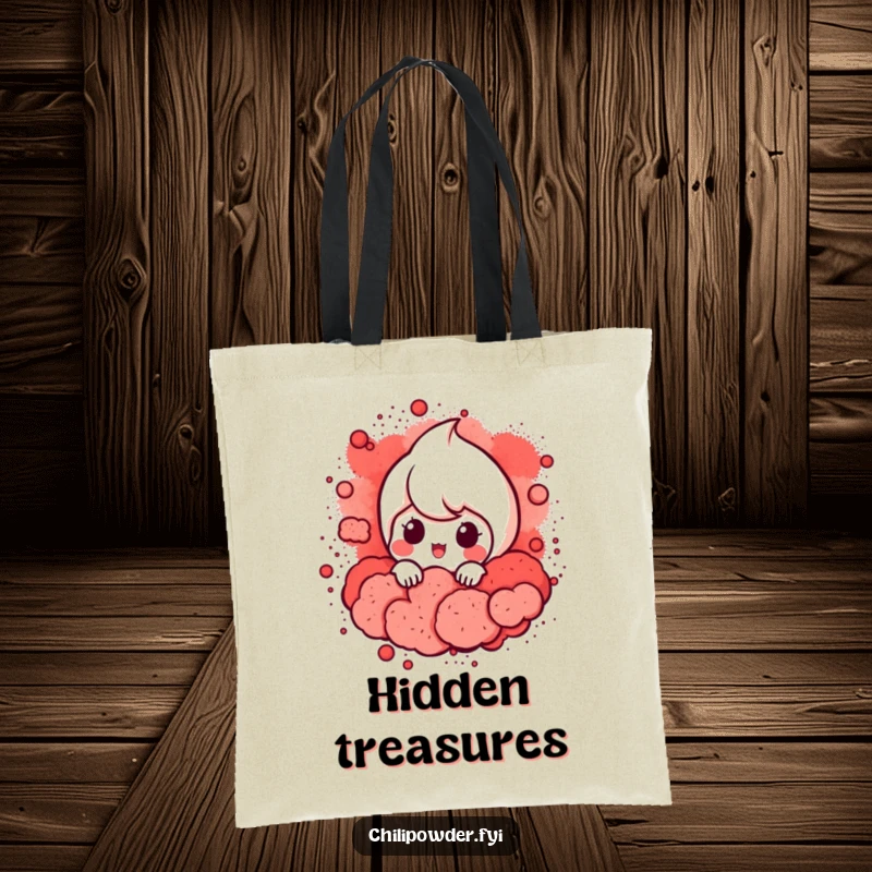 Funny Chili Powder Peek Tote Bag: A chili powder character peeking from red powder, designed for carrying essentials with a hint of mystery.