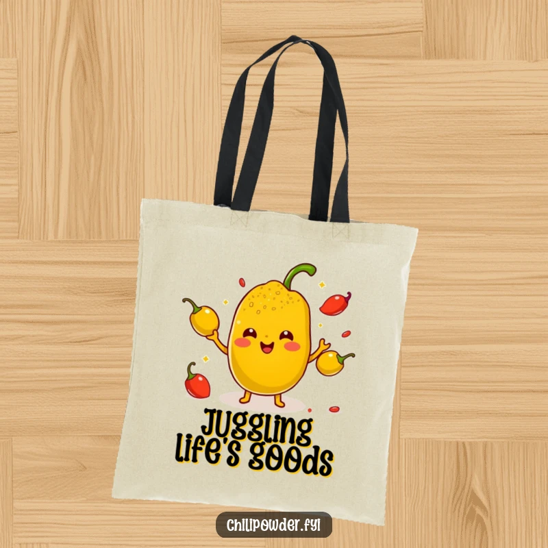 Funny Kawaii Chili Powder Tote Bag - A cute cartoon chili powder character juggling small smiling peppers with tiny arms, ideal for a spicy shopper.