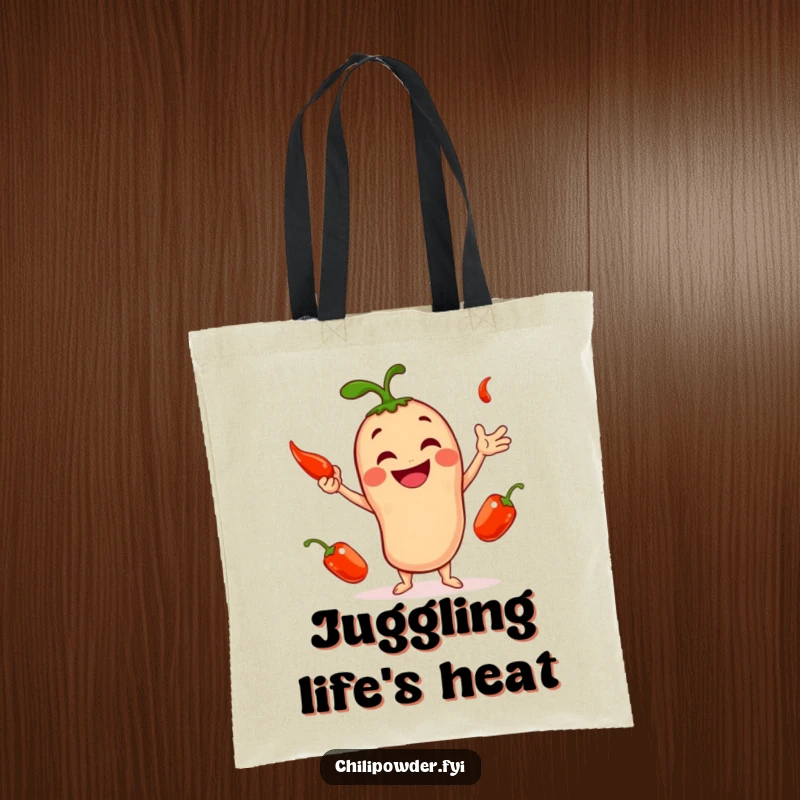 Funny tote bag showcasing a smiling chili powder character skillfully juggling three small, red peppers during a fun activity.