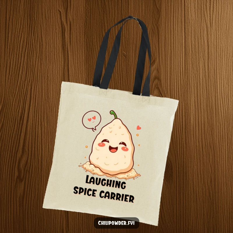 Funny Kawaii chili powder pile with a speech bubble, laughing uncontrollably on a spacious tote bag.