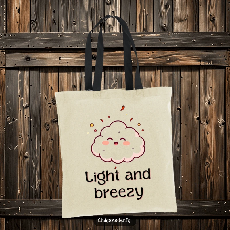 Funny chili powder cloud giggling on a tote bag, perfect for carrying items with a happy attitude.