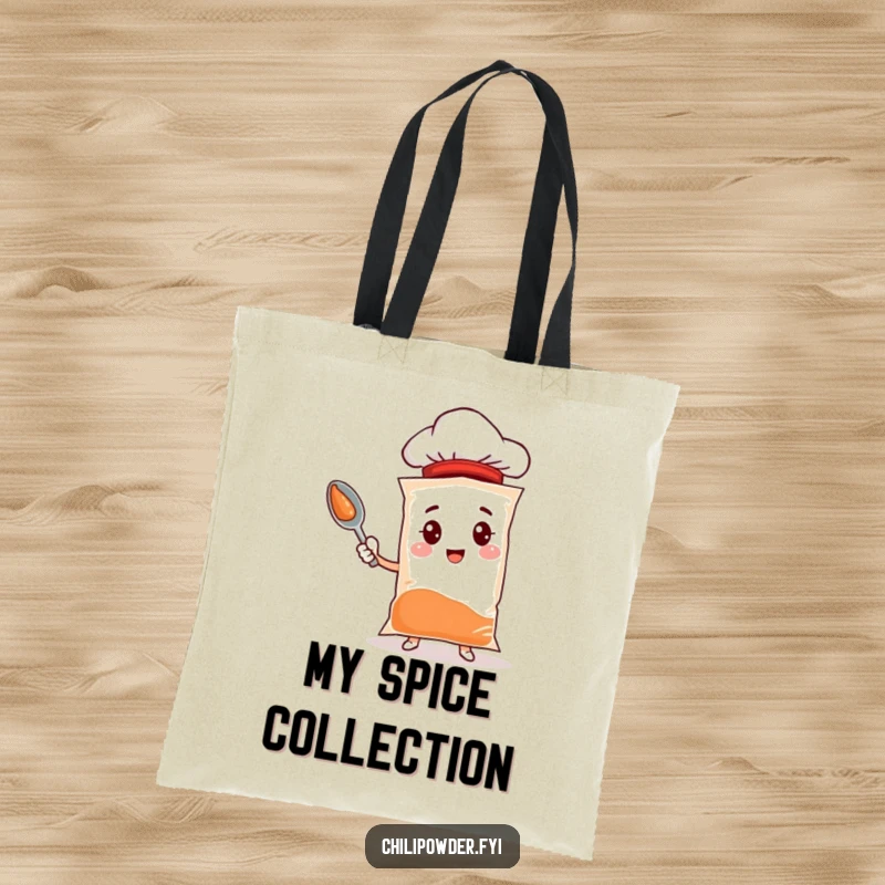 Funny chili powder tote bag with a spice bag character wearing a tiny chef hat and holding a spoon, perfect for market trips.