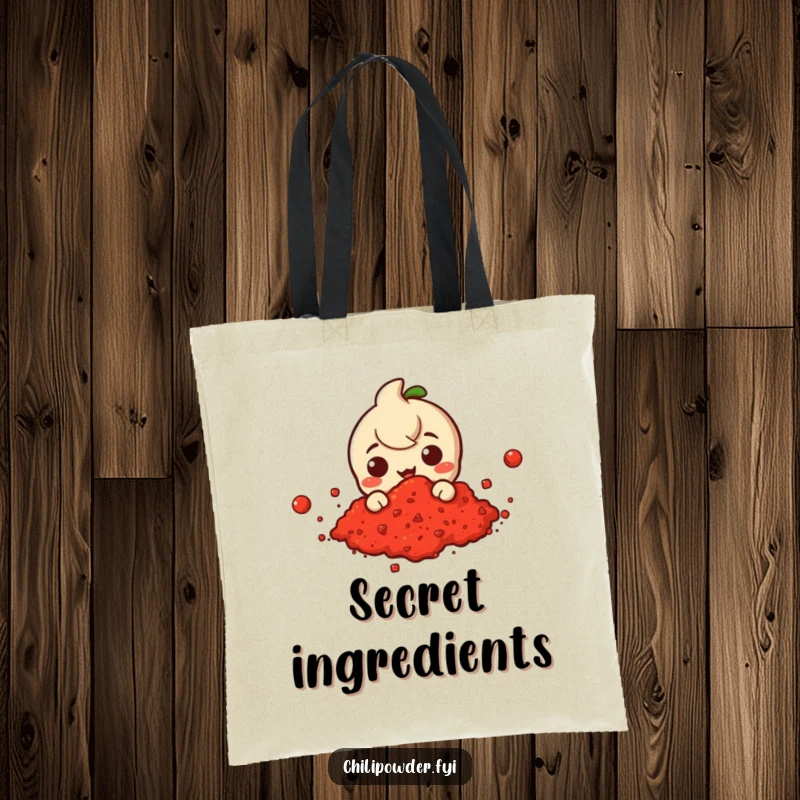 Funny tote bag featuring a chili powder character peeking out from a fluffy cloud of red chili powder, a cute surprise.