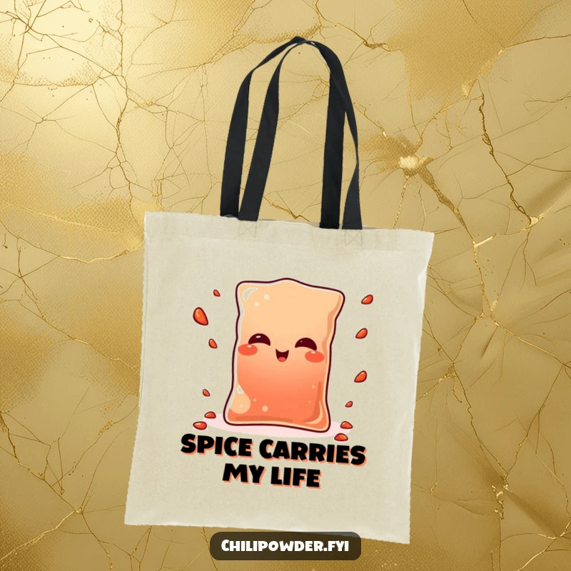 Funny Kawaii chili powder pouch winking energetically while juggling small pepper flakes, a stylish and humorous tote bag.