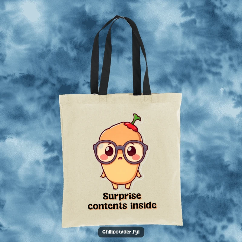 Funny Kawaii Chili Powder Tote Bag: A surprised kawaii chili character in oversized glasses, perfect for carrying items with charm.