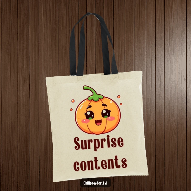 A chili powder character with eyes wide in playful surprise, depicted on a durable tote bag for a funny and expressive accessory.